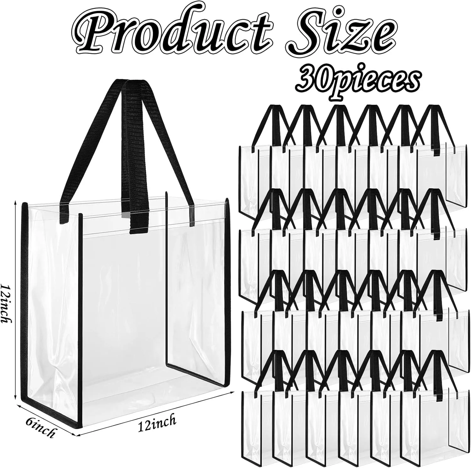 Eccliy 30 Pack 12x12x6 Inch Clear Tote Bag Stadium Approved Bulk Plastic Tote Gift Bag with Handle for Gym Sports Beach