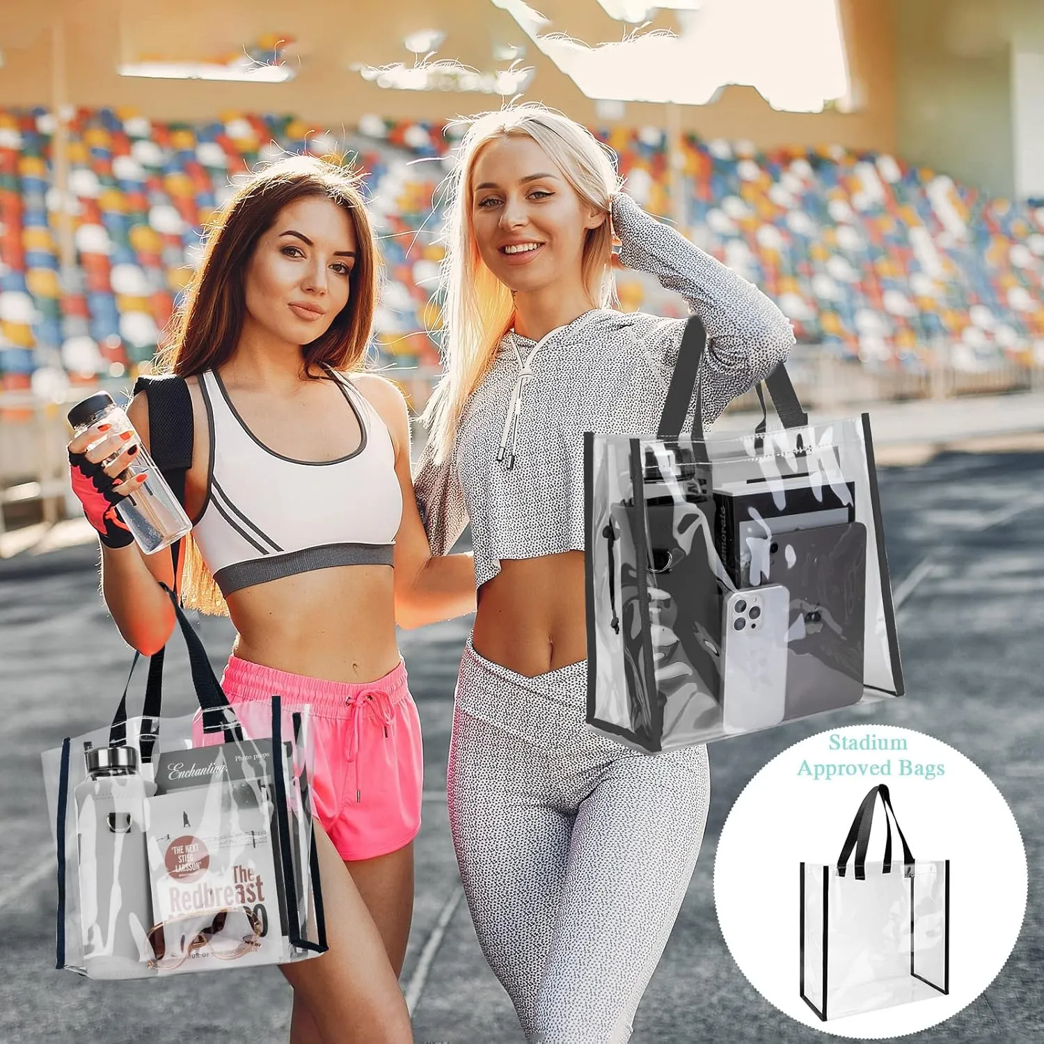 Eccliy 30 Pack 12x12x6 Inch Clear Tote Bag Stadium Approved Bulk Plastic Tote Gift Bag with Handle for Gym Sports Beach