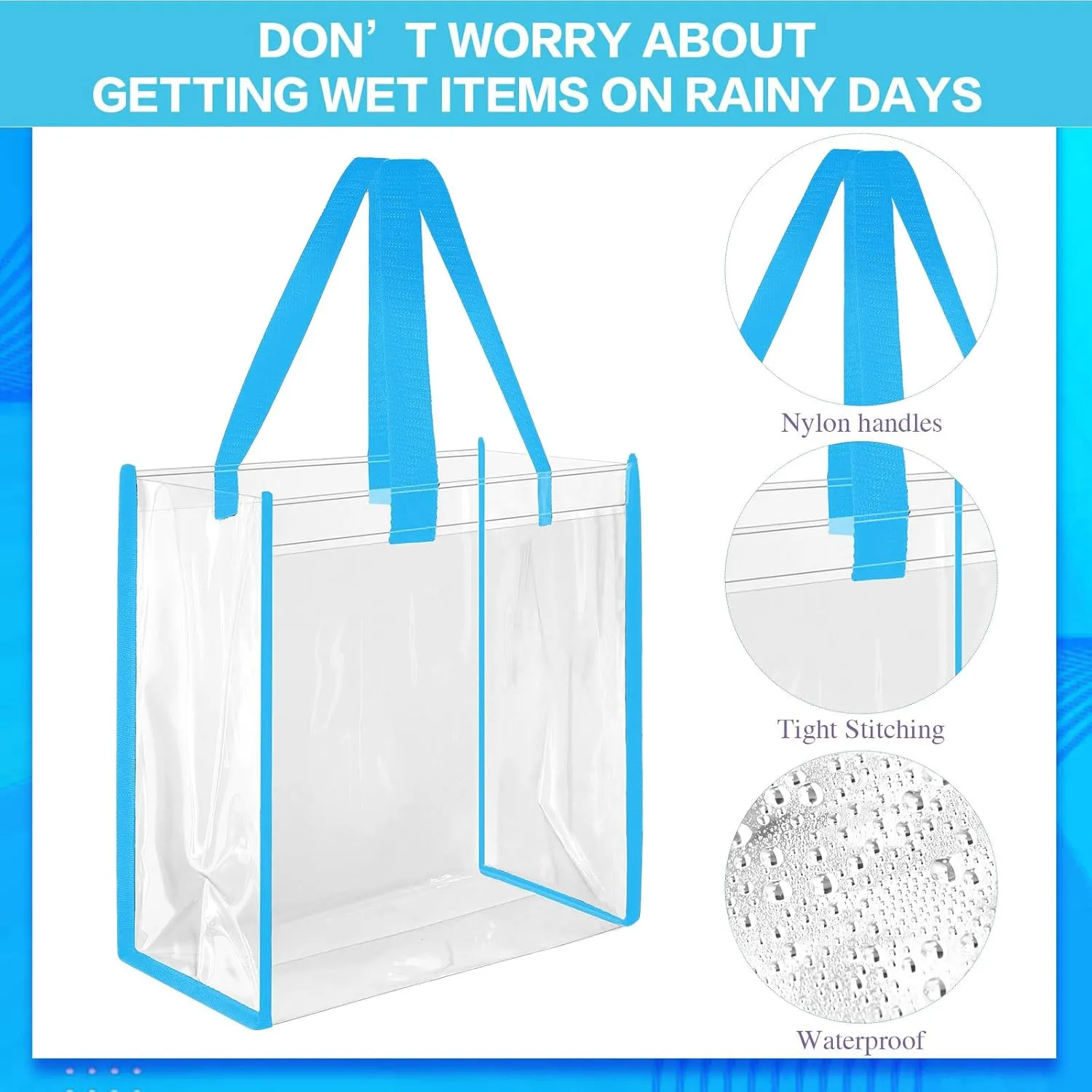 Eccliy 30 Pack 12x12x6 Inch Clear Tote Bag Stadium Approved Bulk Plastic Tote Gift Bag with Handle for Gym Sports Beach