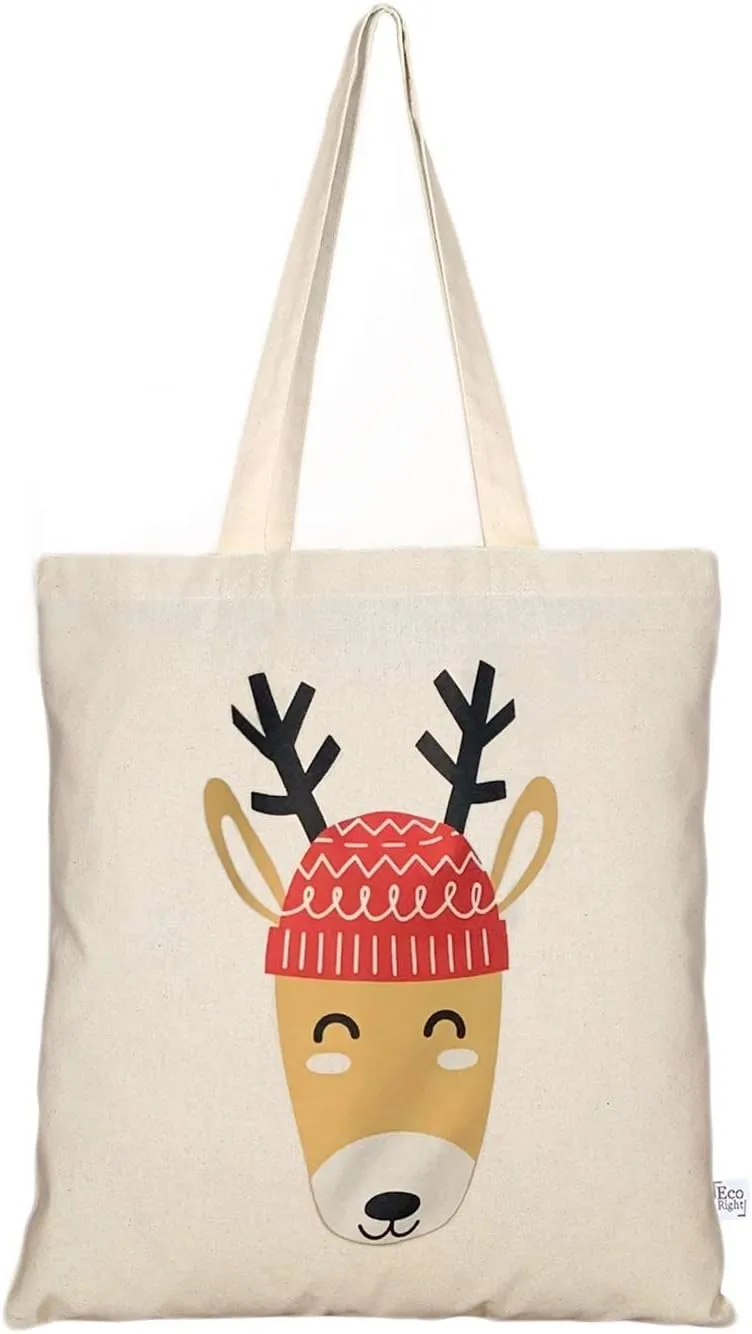 EcoRight Canvas Christmas Tote bag for Women, Reusable Grocery Bag, Cute Bags, Printed Cotton Shopping bag, Beach bags, Gift bags, Bridesmaids Tote Bags, Book Bag