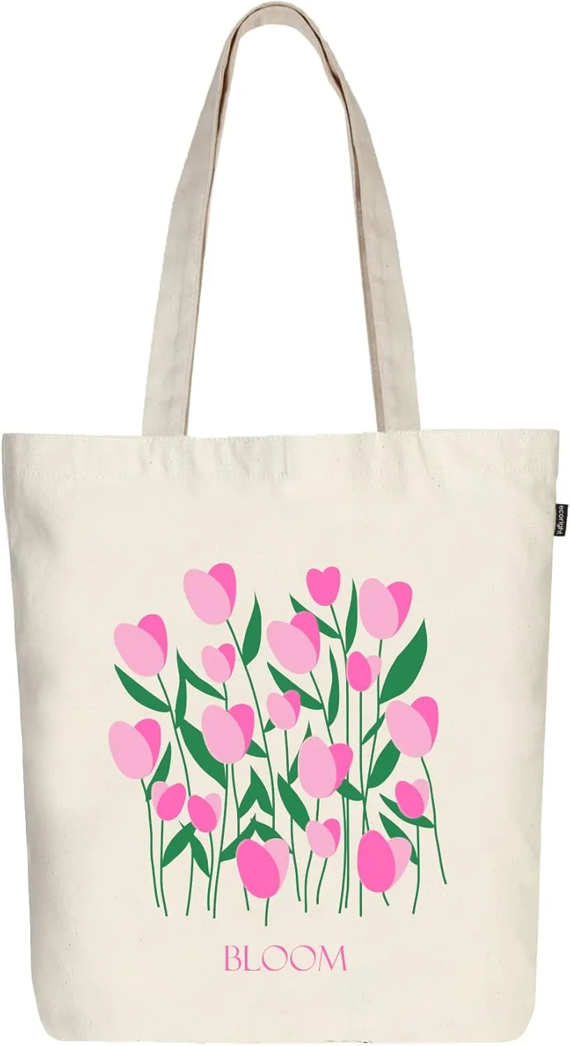 Ecoright Tote Bag for Women with Zipper, Small Tote Bag, Canvas Bag, Reusable Cotton Bag for Beach, Grocery, School & Work