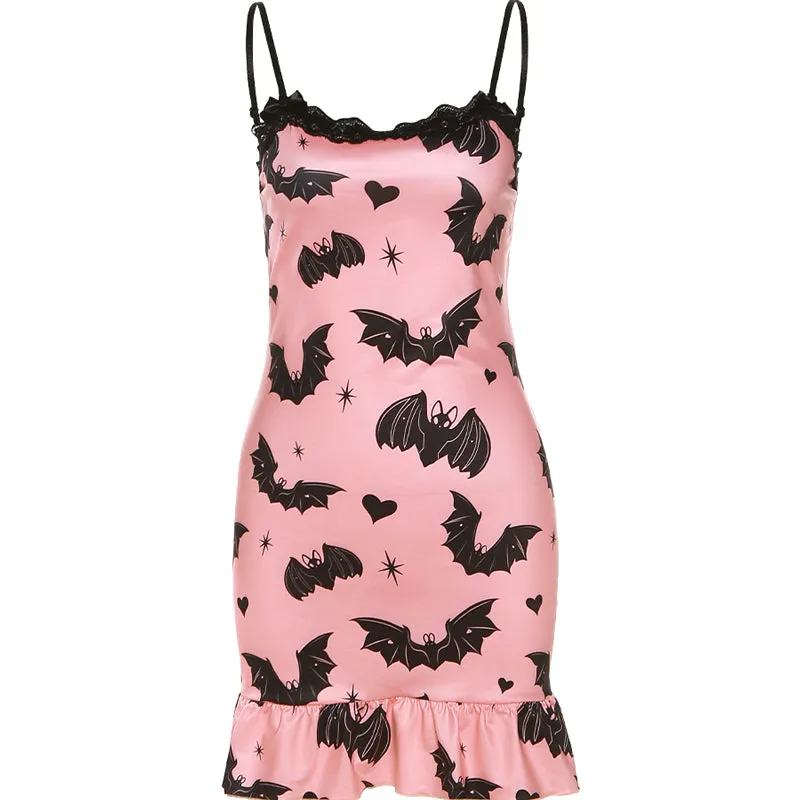Egirl Harajuku Black Bats Heart Pink Dress SD00993