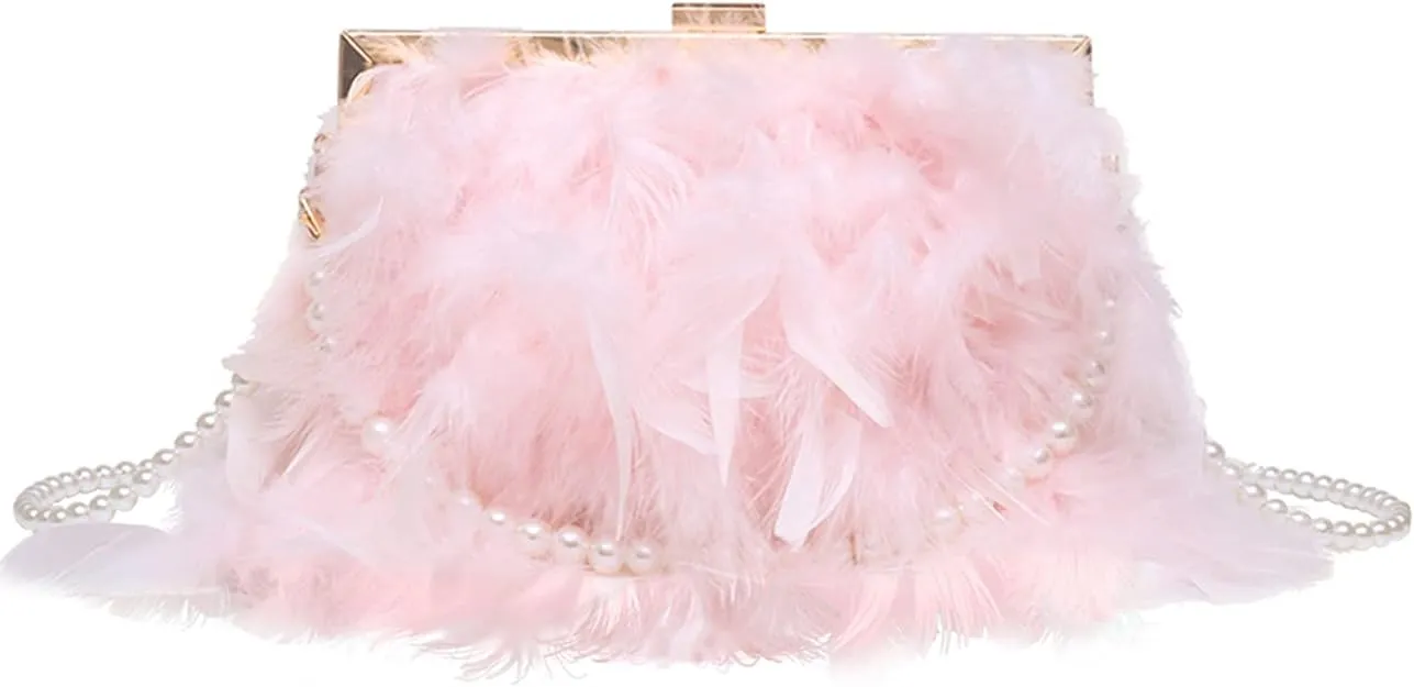 Elegant White Feathered Pearl Chain Strap Evening Bag