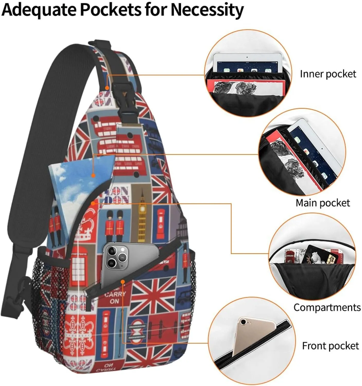 England Symbols Unisex Crossbody Backpack Travel Hiking Casual Chest Bags Lightweight Fashion