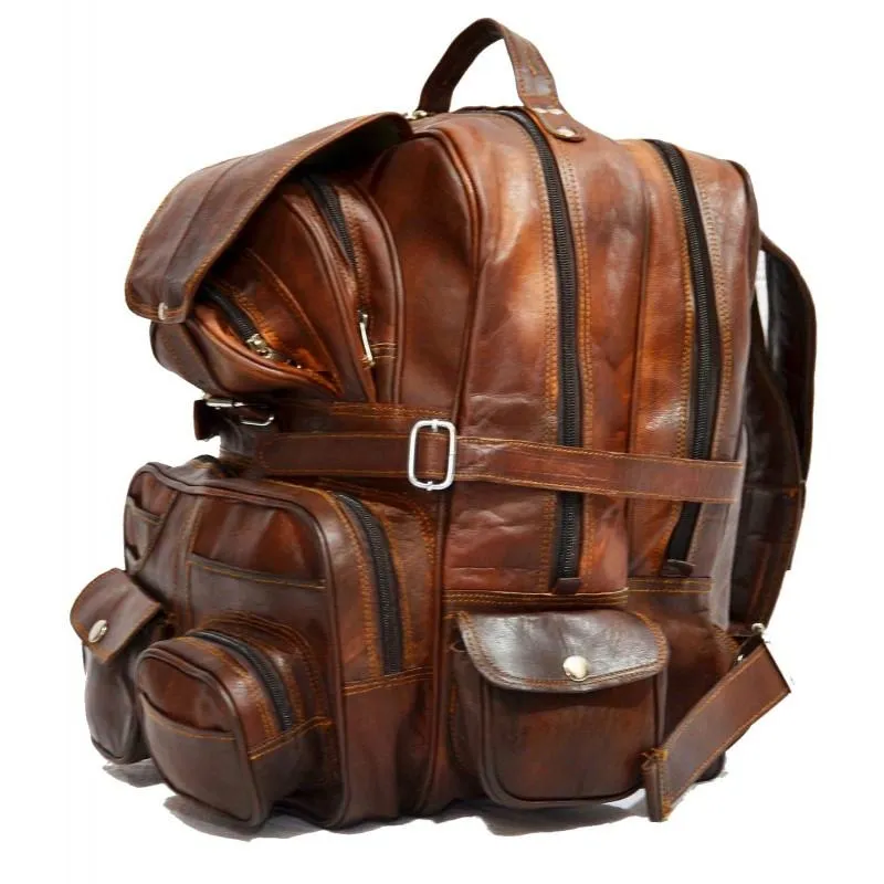 Extra Large Vintage Leather Rucksack Backpack with Multi Function Pockets