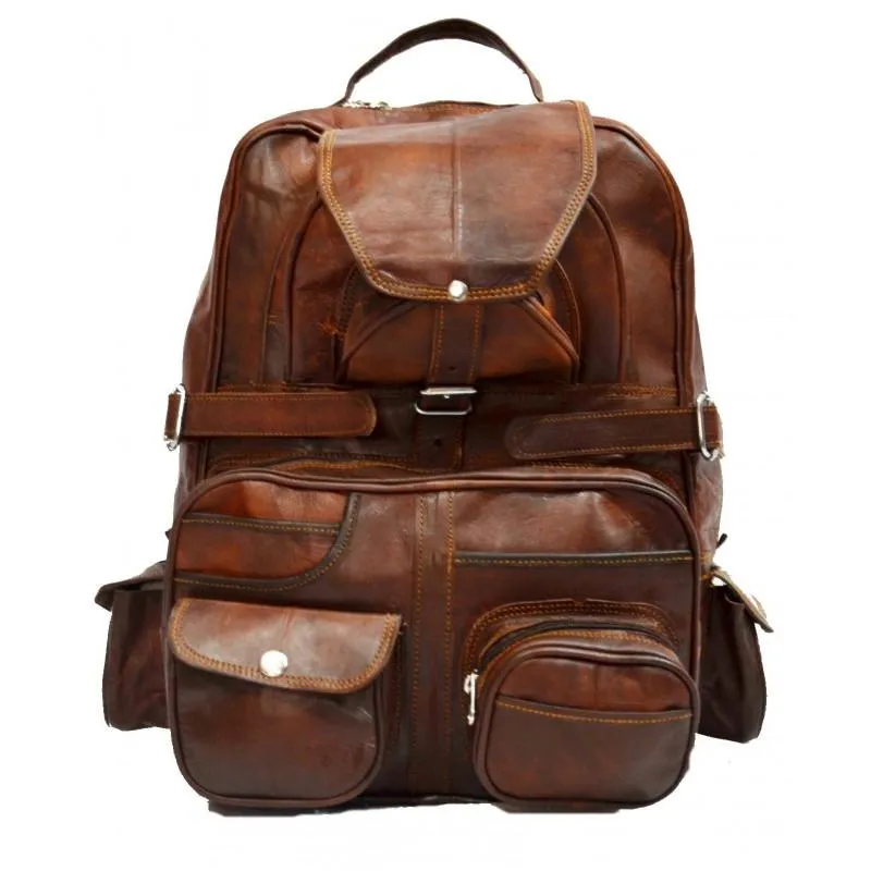 Extra Large Vintage Leather Rucksack Backpack with Multi Function Pockets