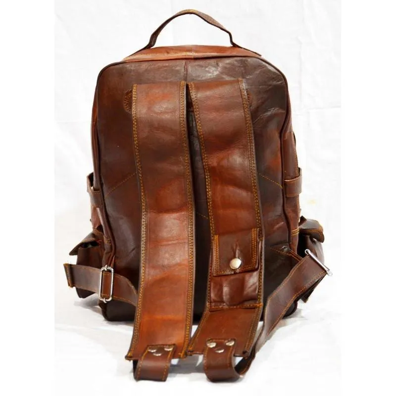 Extra Large Vintage Leather Rucksack Backpack with Multi Function Pockets