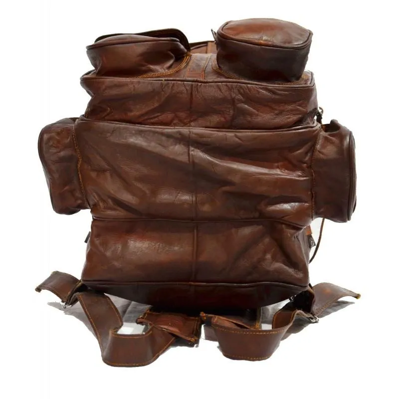 Extra Large Vintage Leather Rucksack Backpack with Multi Function Pockets