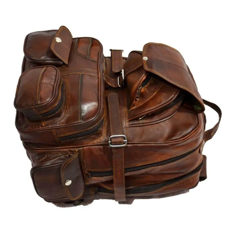 Extra Large Vintage Leather Rucksack Backpack with Multi Function Pockets