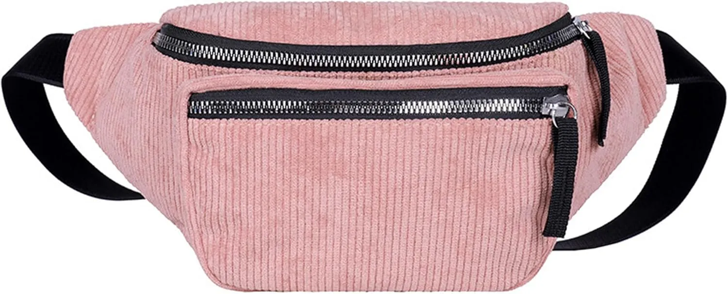 eYLun Women Fanny Pack Crossbody Bag Casual Corduroy Waist Bag Adjustable Chest Bag Waist Pack for Travel Walking Running Hiking Cycling, Pink, Waist Bag