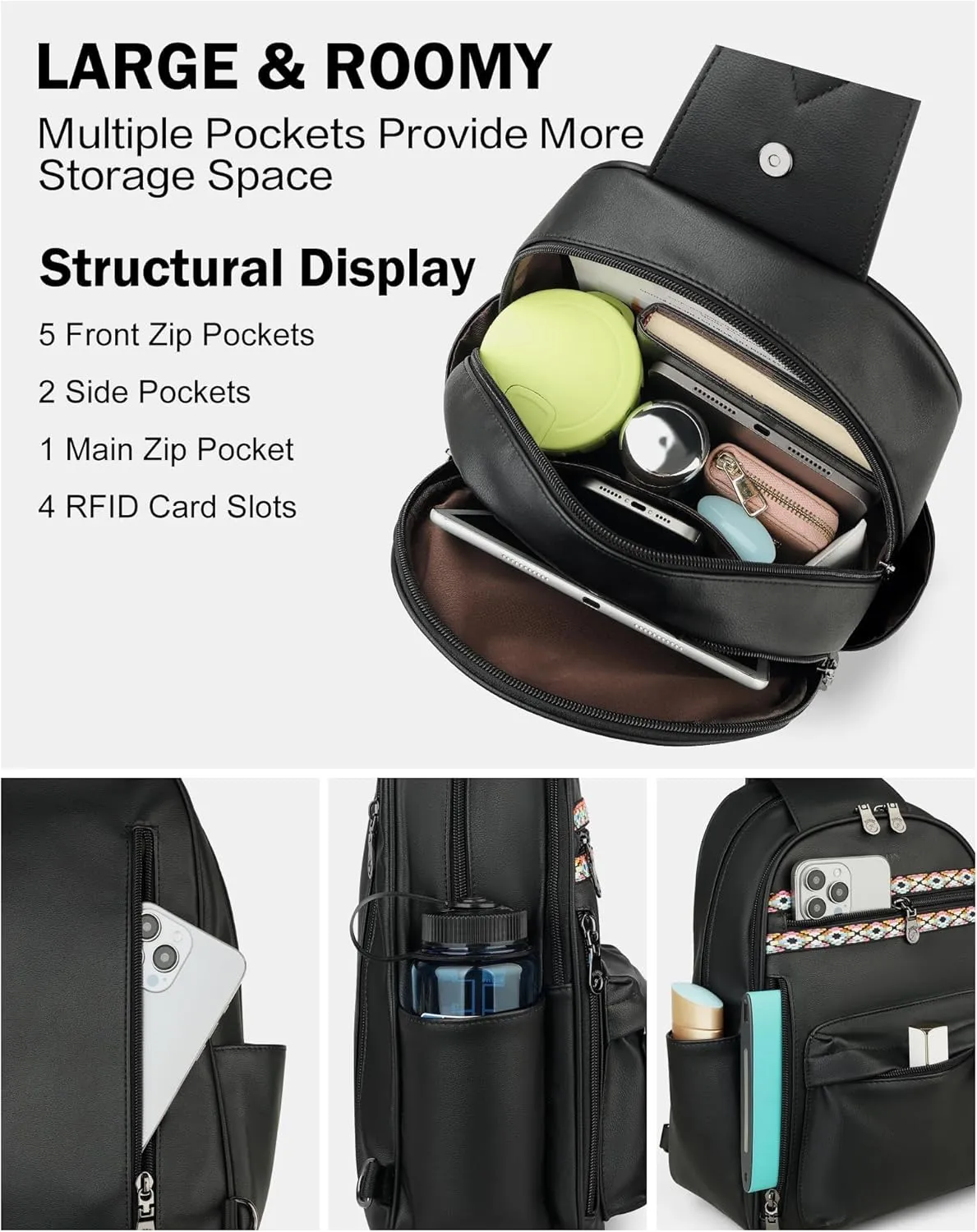 FADEON Sling Bag for Women Large Crossbody Purse Sling Backpack PU Leather Designer Anti Theft Sling Bags 4 RFID Card Slot