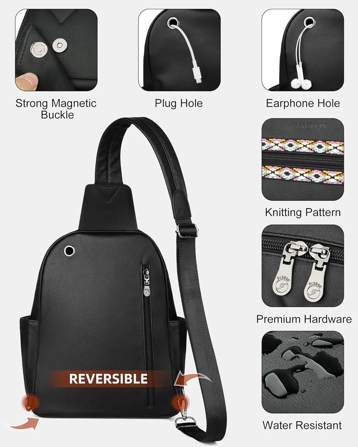 FADEON Sling Bag for Women Large Crossbody Purse Sling Backpack PU Leather Designer Anti Theft Sling Bags 4 RFID Card Slot