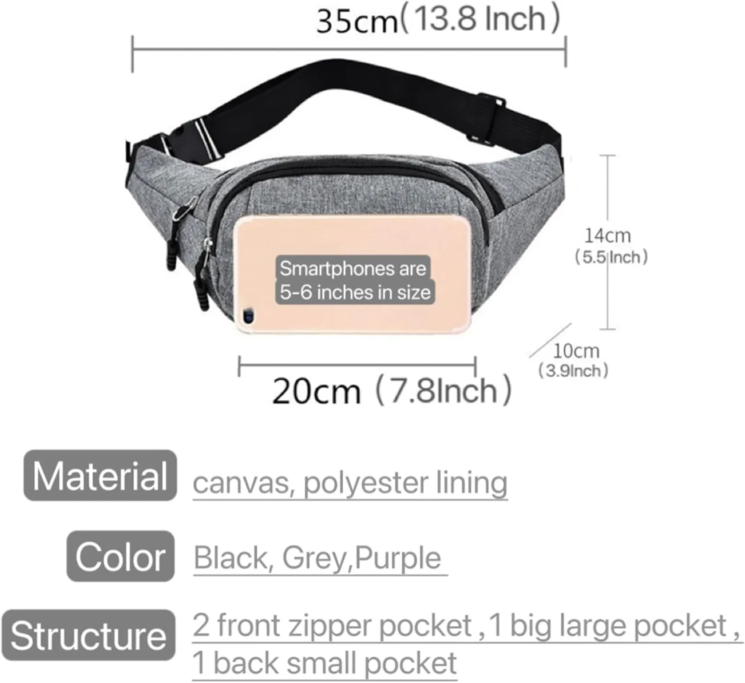 Fanny Pack for Women & Men Cute Waist Bag Travel Hip Pouch Adjustable Belt Waist Pack for Hiking Camp Sport Running, Grey, One Size