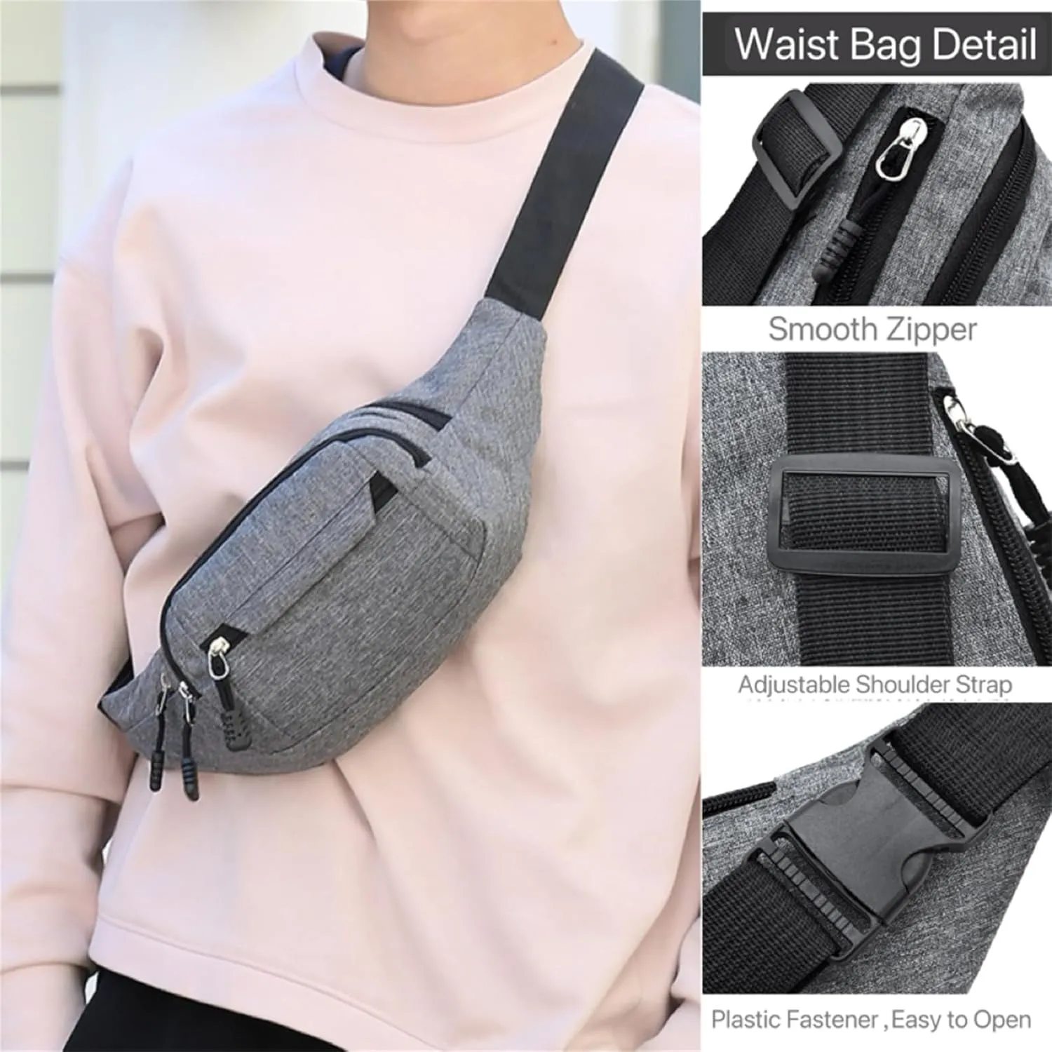 Fanny Pack for Women & Men Cute Waist Bag Travel Hip Pouch Adjustable Belt Waist Pack for Hiking Camp Sport Running, Grey, One Size