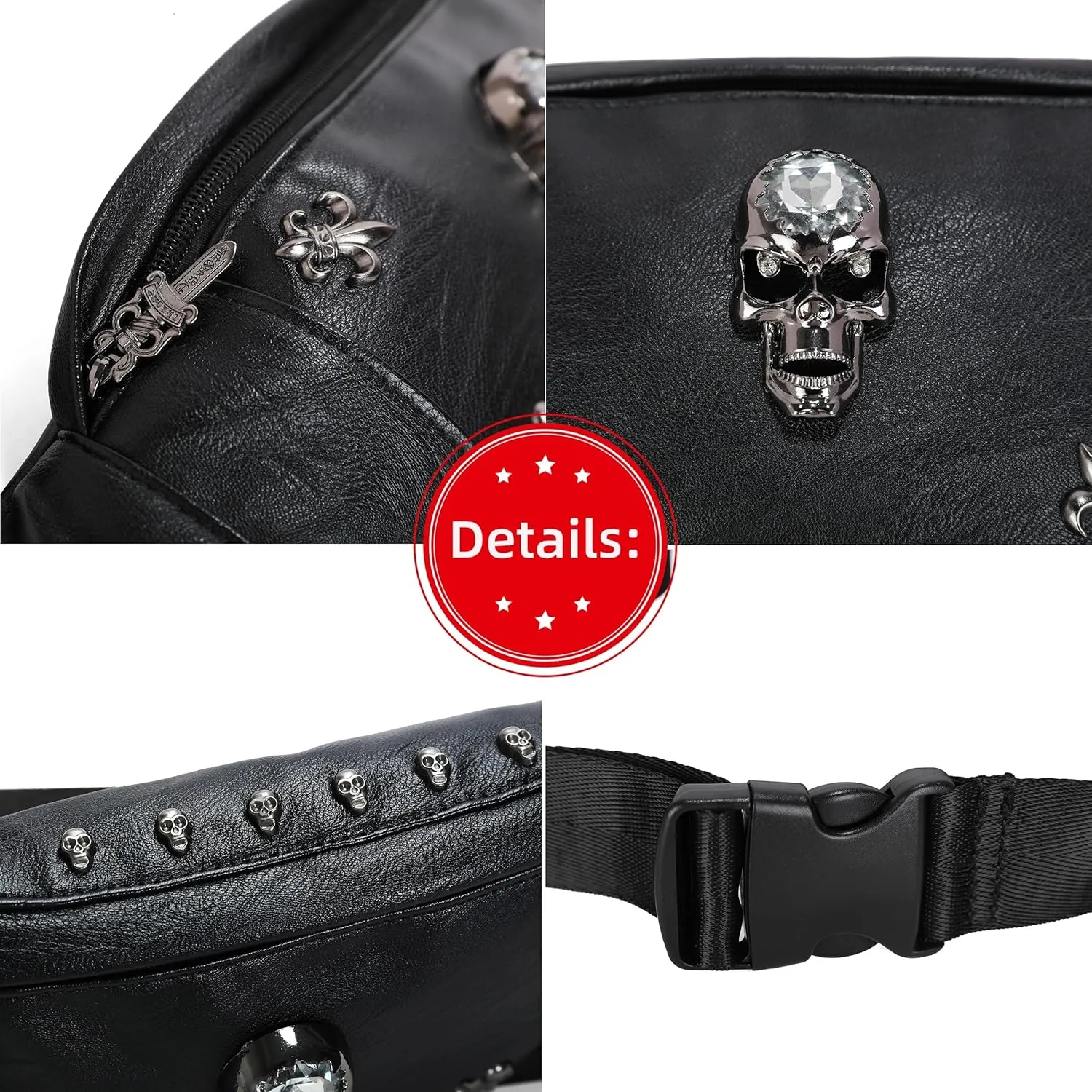 Fanny Pack for Women, Black Leather Bum Bag for Women, Skull Design Fanny Packs for Women, Fashion Waist Bag for Dog Walking, Festivals, Hiking, Travel