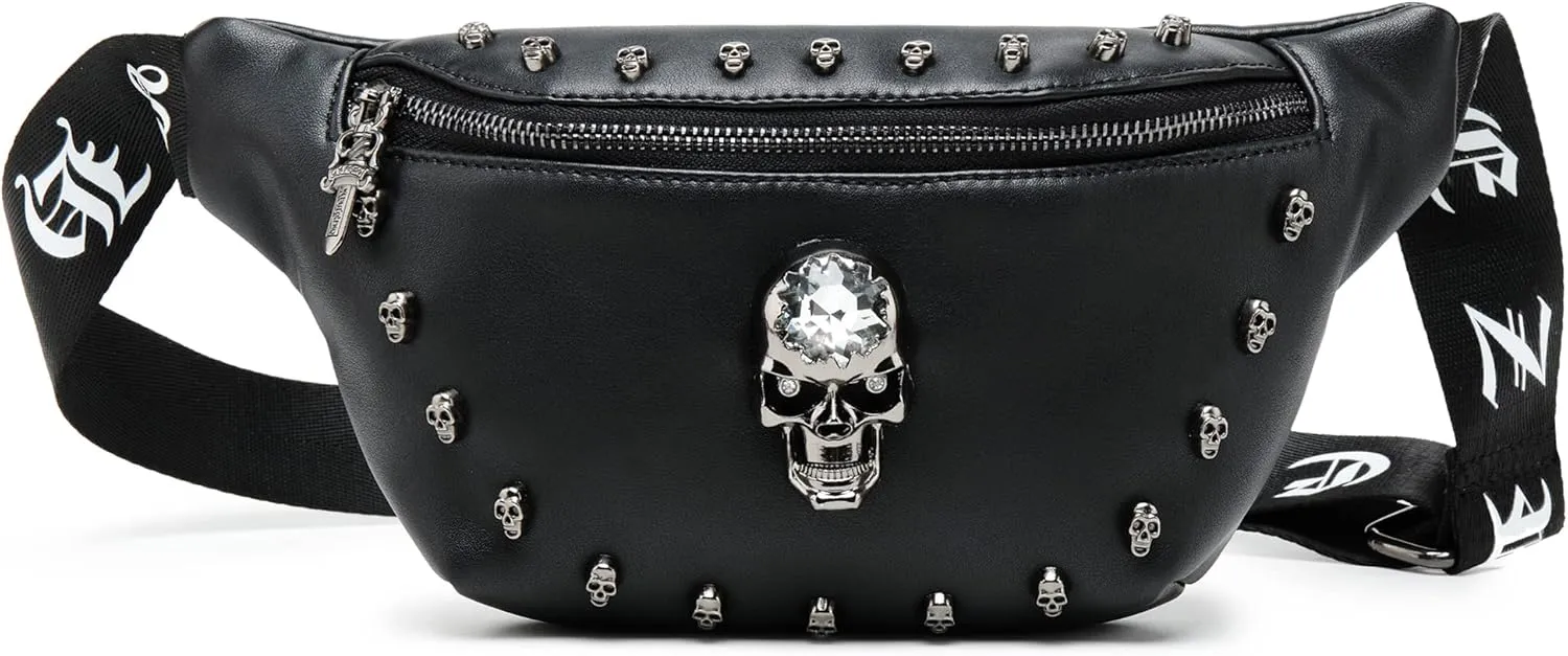 Fanny Pack for Women, Black Leather Bum Bag for Women, Skull Design Fanny Packs for Women, Fashion Waist Bag for Dog Walking, Festivals, Hiking, Travel