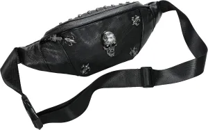 Fanny Pack for Women, Black Leather Bum Bag for Women, Skull Design Fanny Packs for Women, Fashion Waist Bag for Dog Walking, Festivals, Hiking, Travel