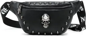 Fanny Pack for Women, Black Leather Bum Bag for Women, Skull Design Fanny Packs for Women, Fashion Waist Bag for Dog Walking, Festivals, Hiking, Travel