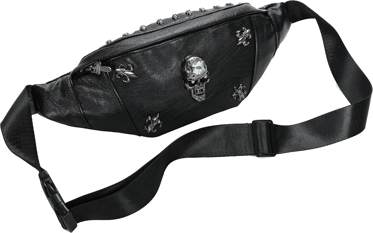 Fanny Pack for Women, Black Leather Bum Bag for Women, Skull Design Fanny Packs for Women, Fashion Waist Bag for Dog Walking, Festivals, Hiking, Travel