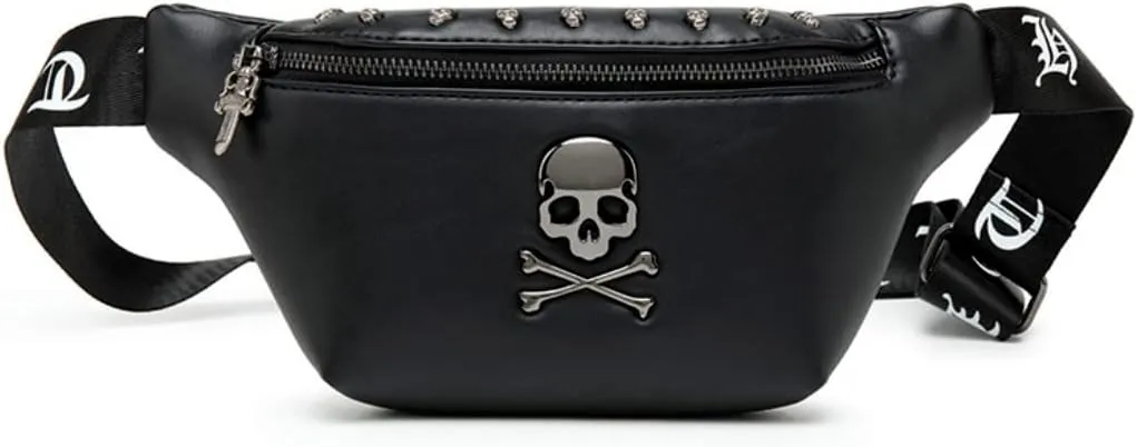 Fanny Pack for Women, Black Leather Bum Bag for Women, Skull Design Fanny Packs for Women, Fashion Waist Bag for Dog Walking, Festivals, Hiking, Travel