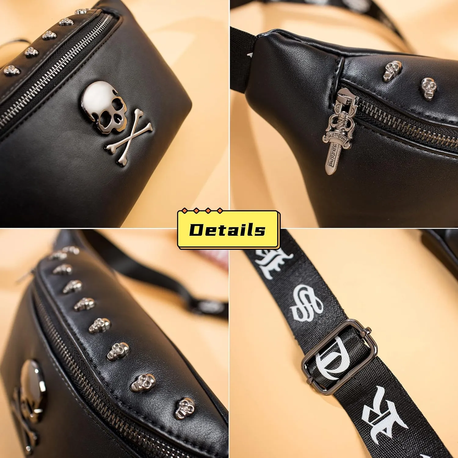 Fanny Pack for Women, Black Leather Bum Bag for Women, Skull Design Fanny Packs for Women, Fashion Waist Bag for Dog Walking, Festivals, Hiking, Travel