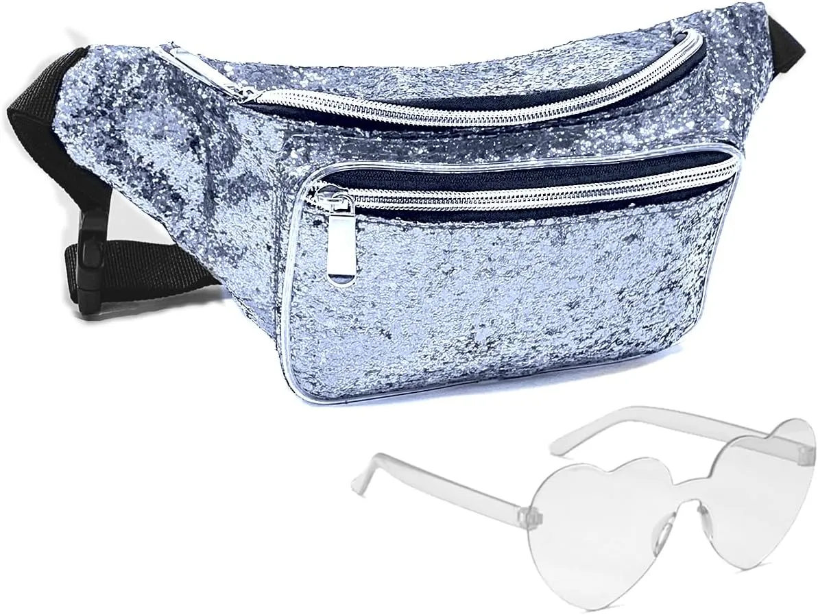 Fanny Pack Holographic with Heart Sunglasses, Adjustable Belts Crossbody Waist Bag for Women Men Daily Wear, Bachelor Party, Silver, Fashion