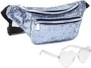 Fanny Pack Holographic with Heart Sunglasses, Adjustable Belts Crossbody Waist Bag for Women Men Daily Wear, Bachelor Party, Silver, Fashion