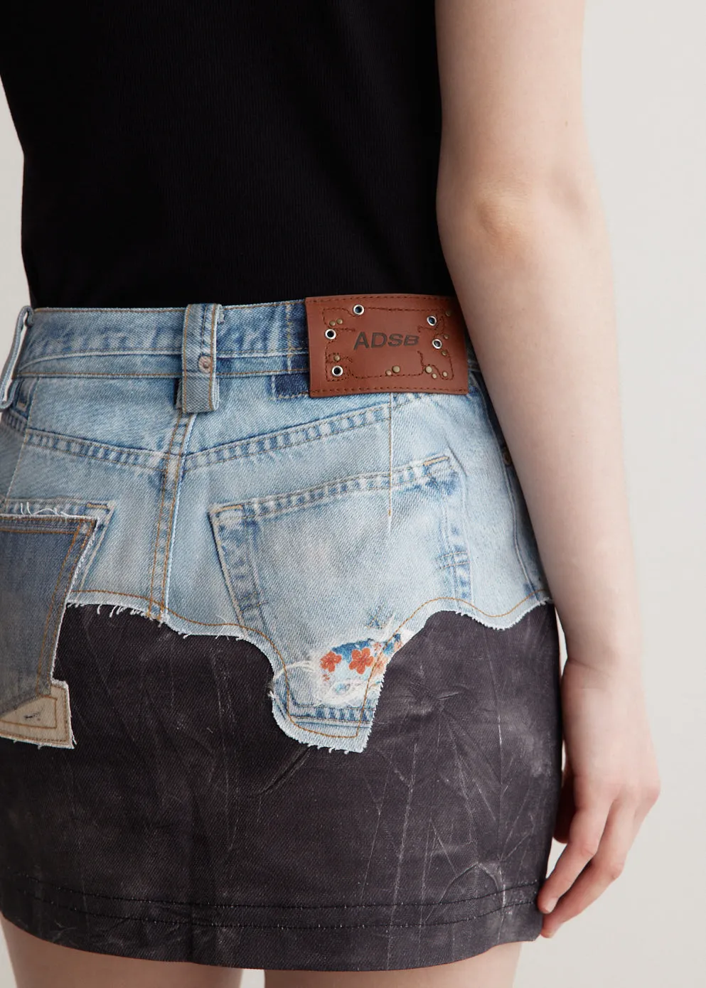 Faux-Denim Leather Printed Mini Skirt