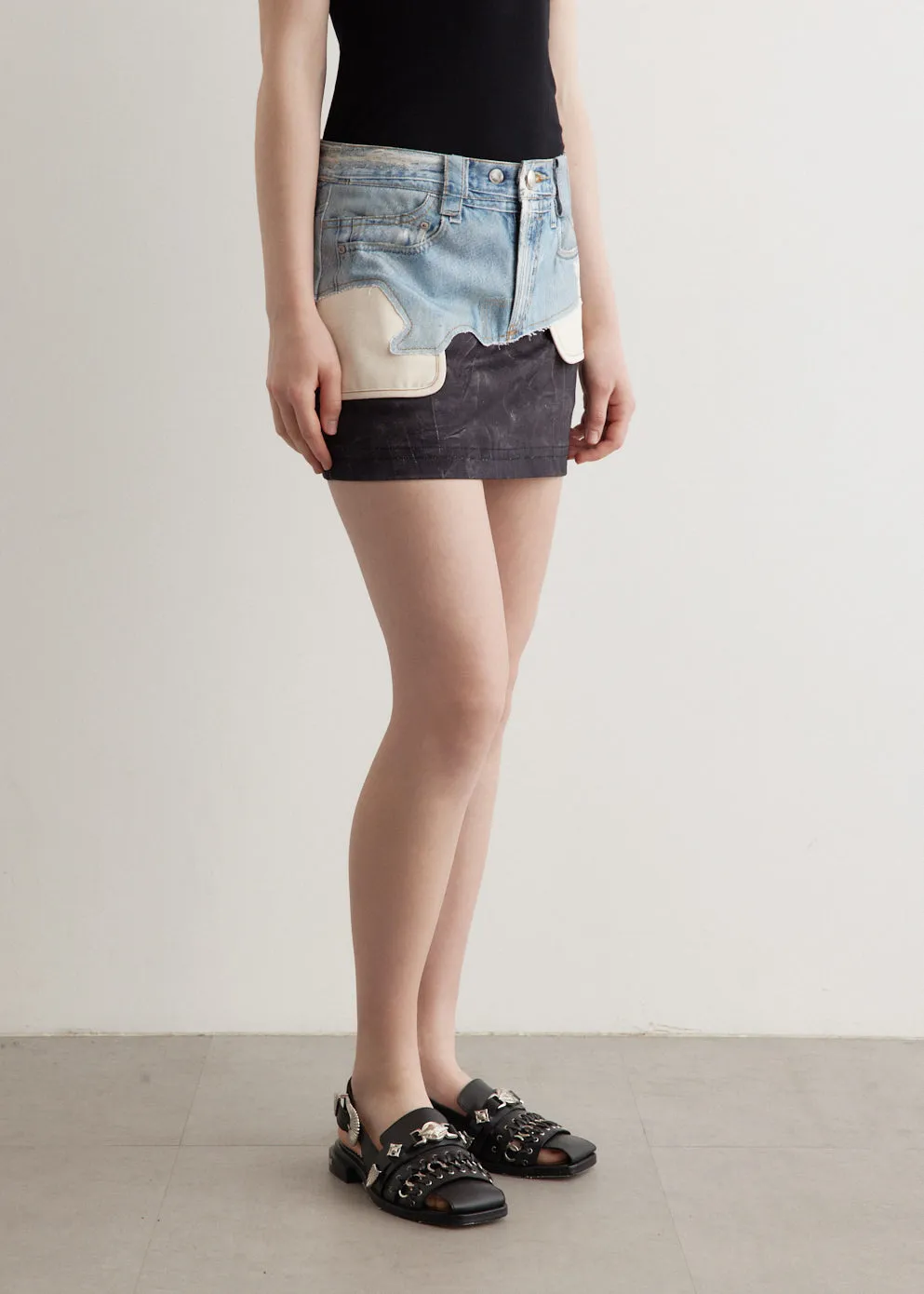 Faux-Denim Leather Printed Mini Skirt