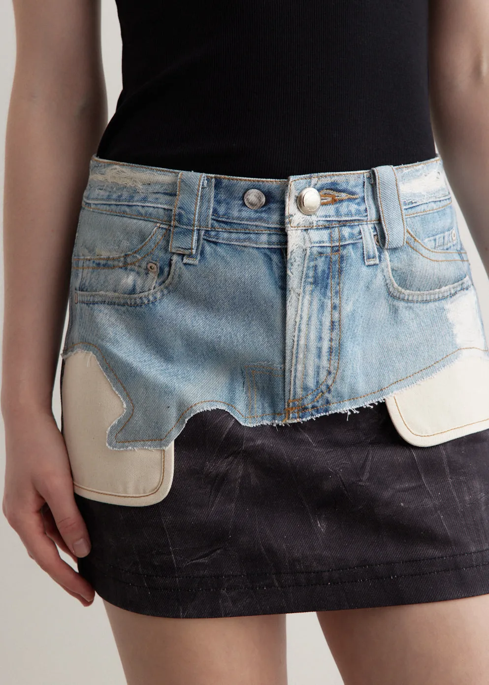 Faux-Denim Leather Printed Mini Skirt