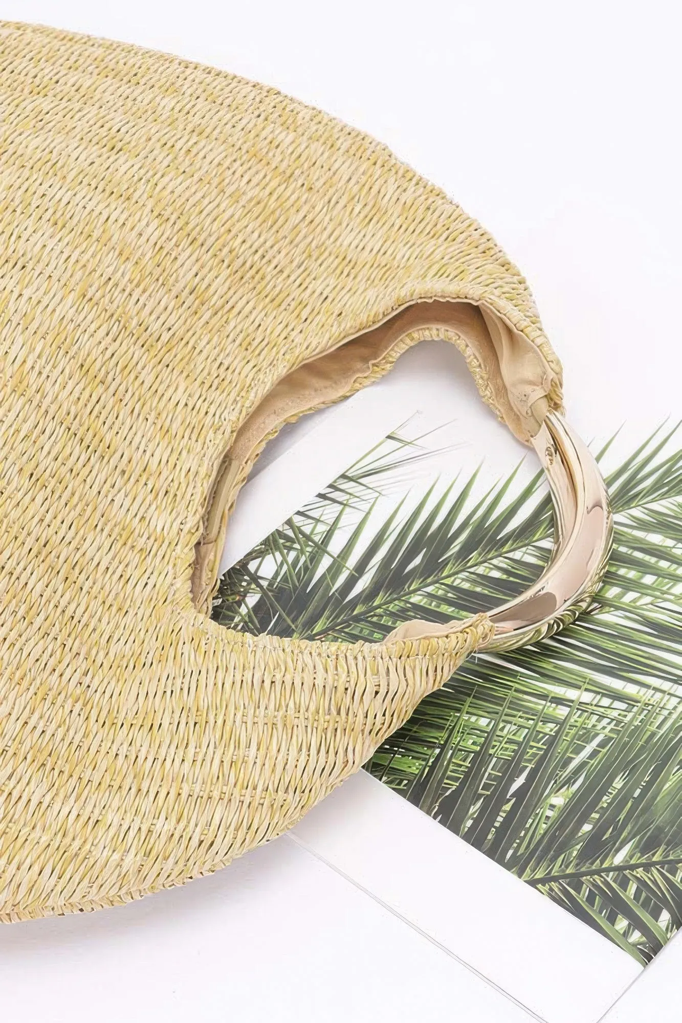 Faux Straw Metal Handle Hobo Bag