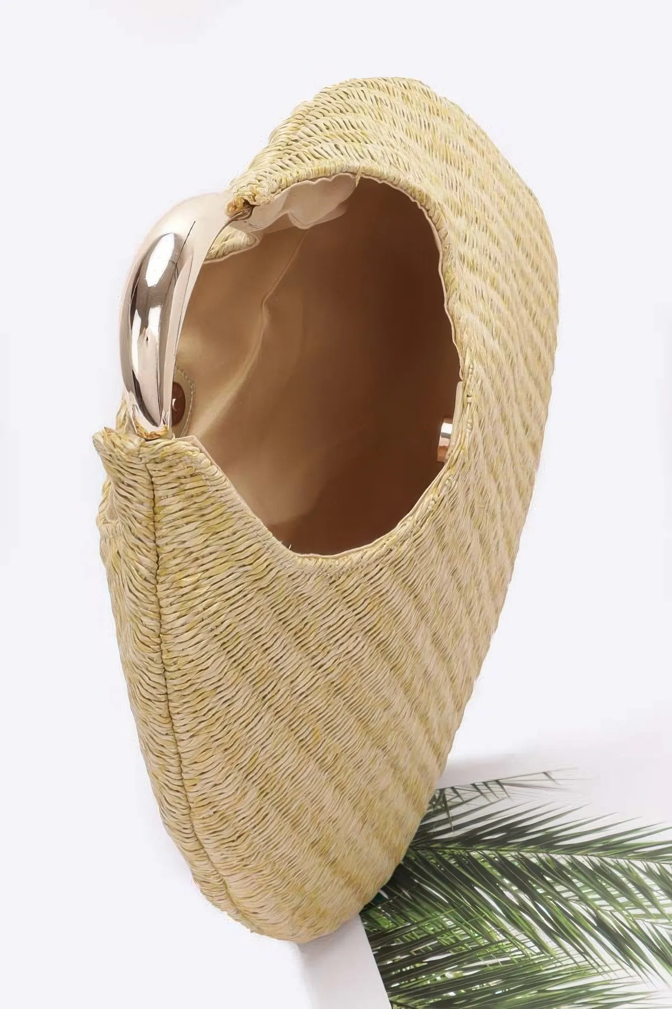 Faux Straw Metal Handle Hobo Bag