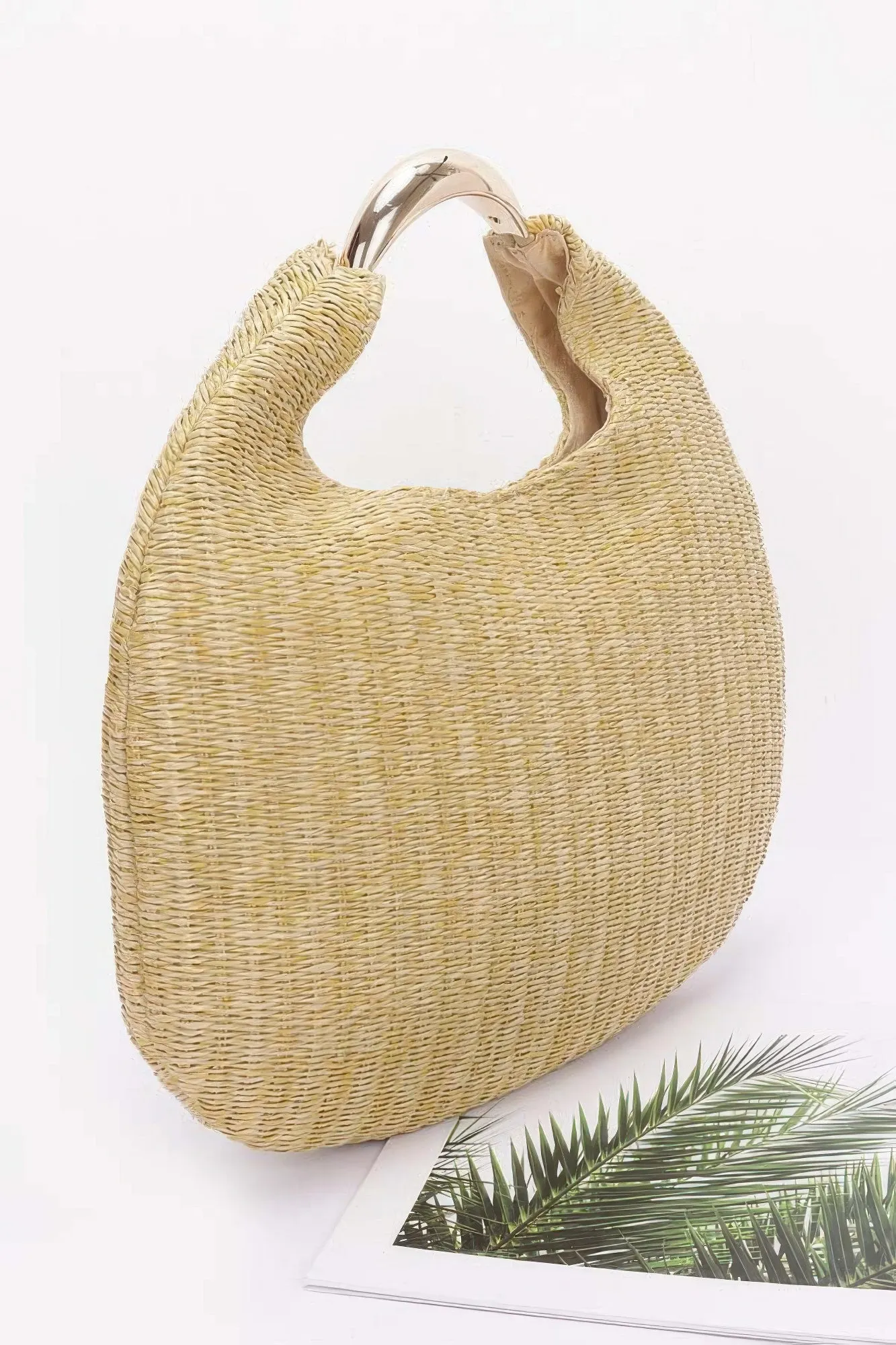 Faux Straw Metal Handle Hobo Bag