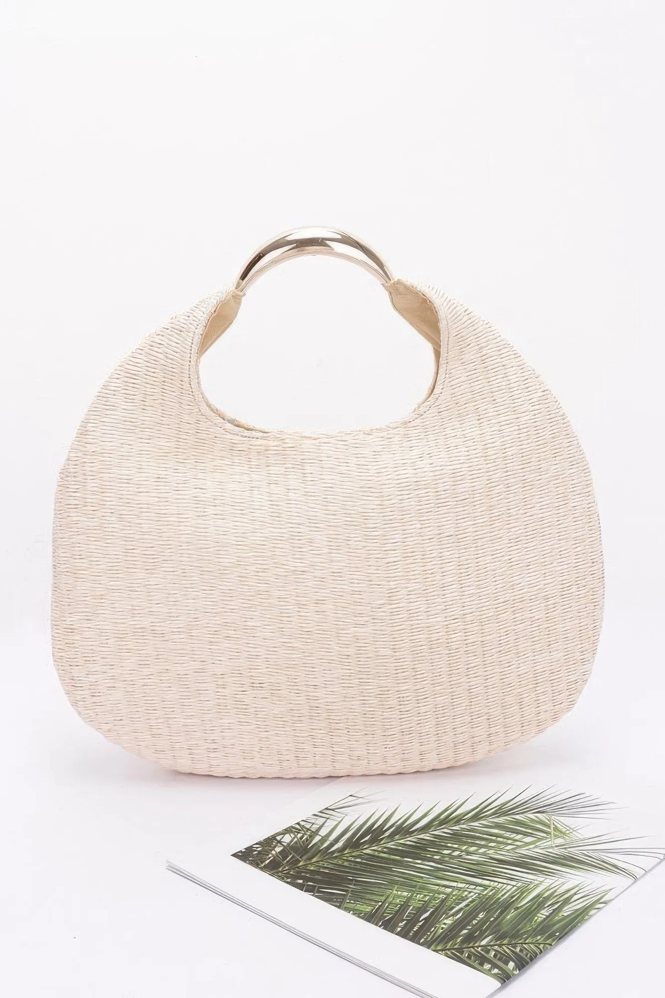 Faux Straw Metal Handle Hobo Bag