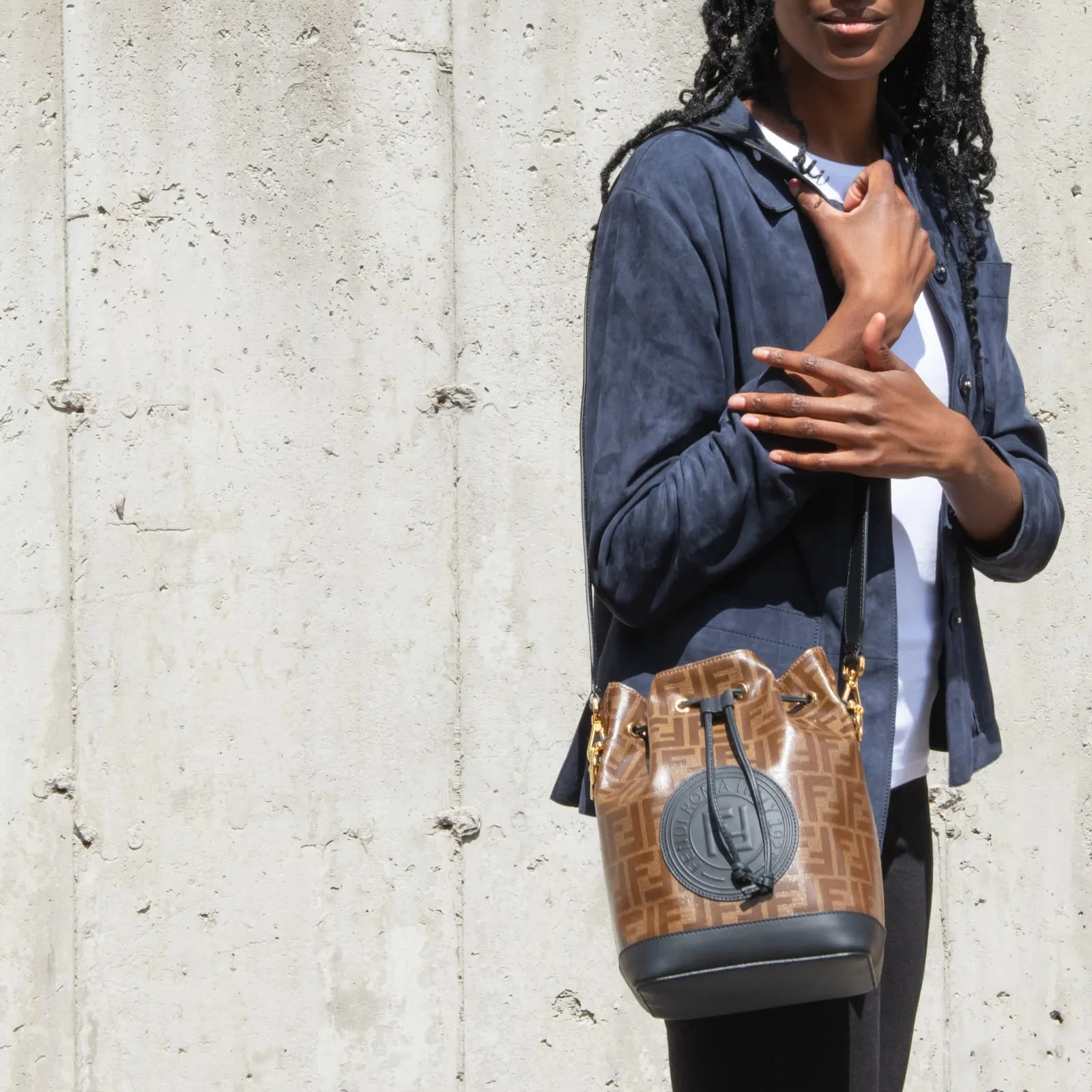 Fendi Black & Glazed Fabric FF 1974 Stamp Patch Small Mon Tresor Bucket Bag