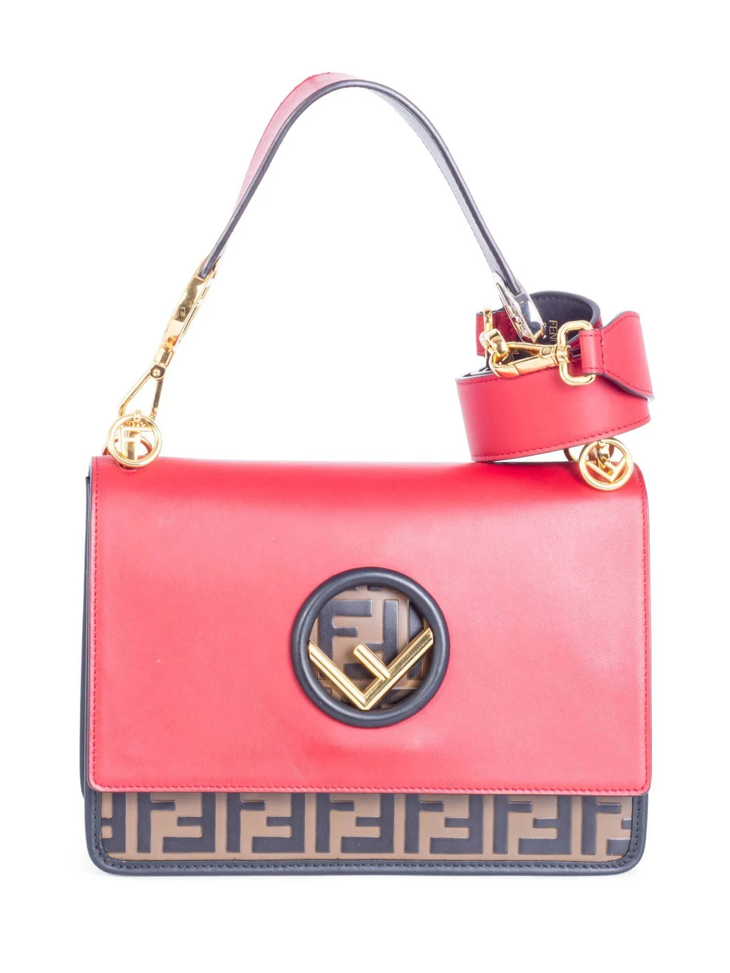 Fendi FF Zucca Leather Flap Messenger Bag Brown Red