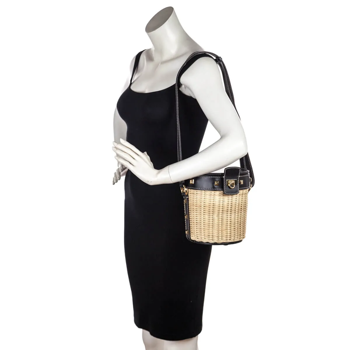 Ferragamo Black & Wicker Gancini Bucket Bag