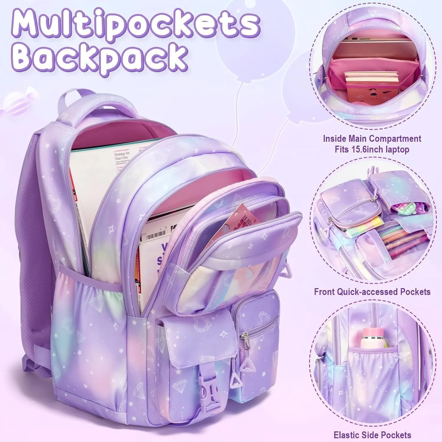 Fimibuke Girls Backpack with Lunch Box & Pencil Bag - Waterproof Kids Backpack for Ages 6  Elementary Middle School Teens, Roomy Interior & Multi-Pocket