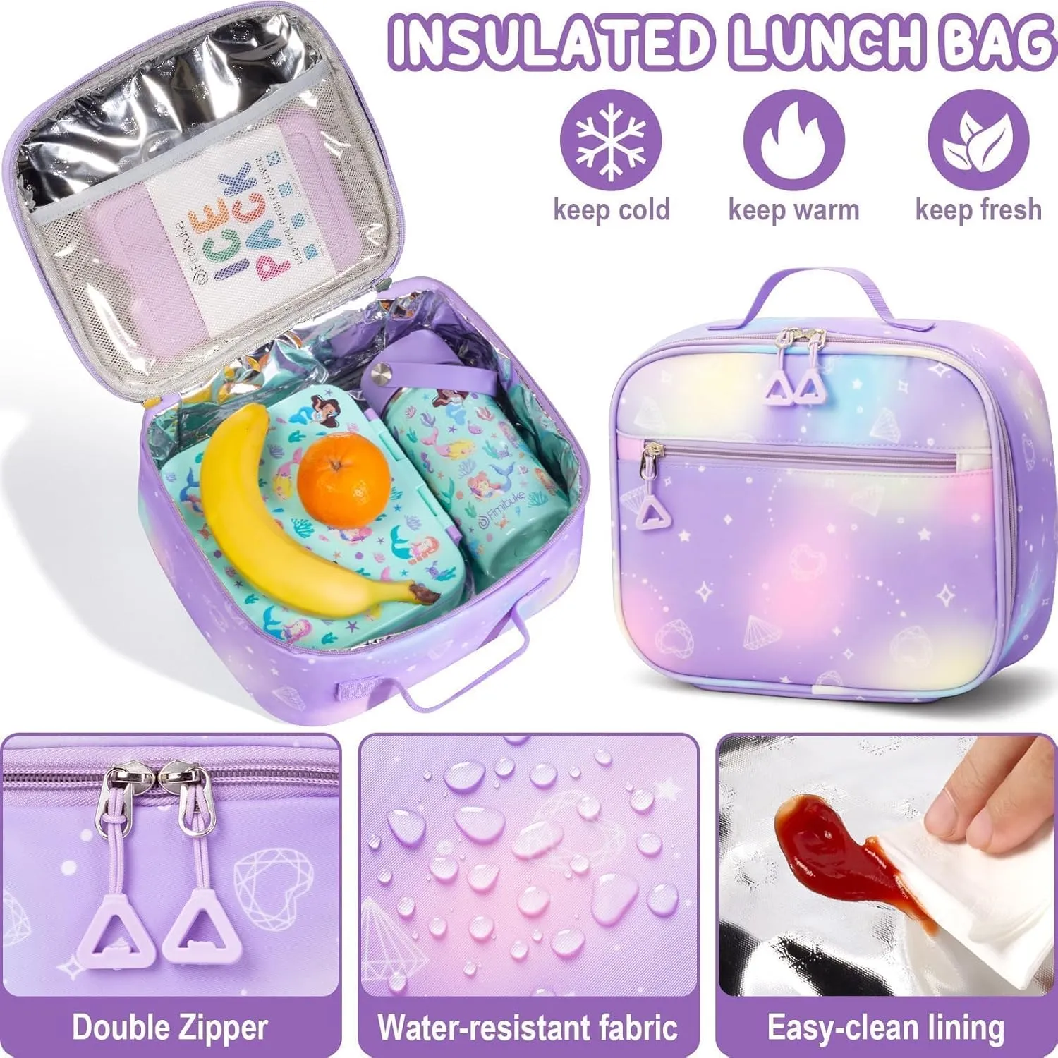 Fimibuke Girls Backpack with Lunch Box & Pencil Bag - Waterproof Kids Backpack for Ages 6  Elementary Middle School Teens, Roomy Interior & Multi-Pocket