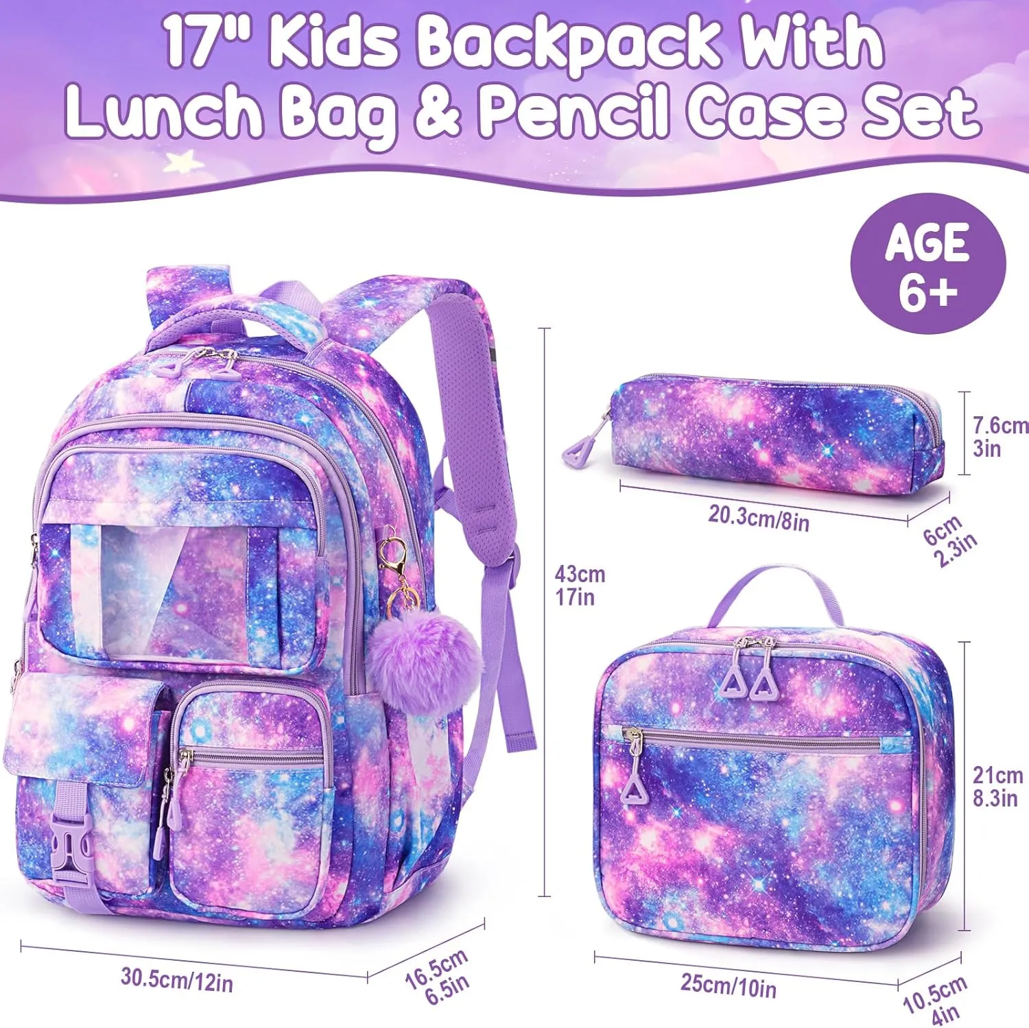 Fimibuke Girls Backpack with Lunch Box & Pencil Bag - Waterproof Kids Backpack for Ages 6  Elementary Middle School Teens, Roomy Interior & Multi-Pocket
