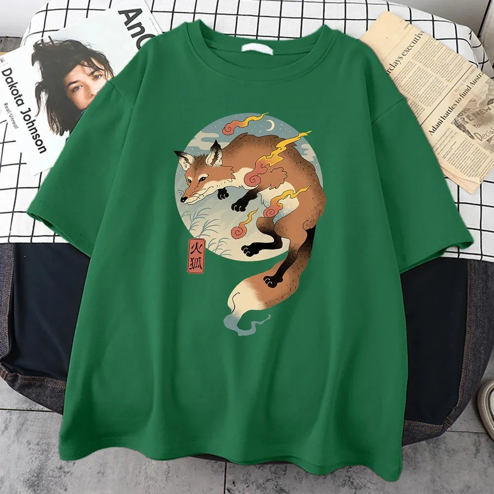 Fire Cartoon Fox Japanese Printed Men Short Sleeve Harajuku Casual Cotton T-Shirt