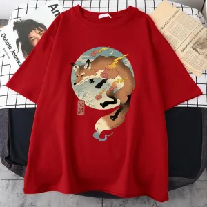 Fire Cartoon Fox Japanese Printed Men Short Sleeve Harajuku Casual Cotton T-Shirt