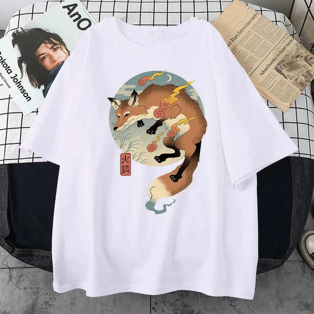 Fire Cartoon Fox Japanese Printed Men Short Sleeve Harajuku Casual Cotton T-Shirt