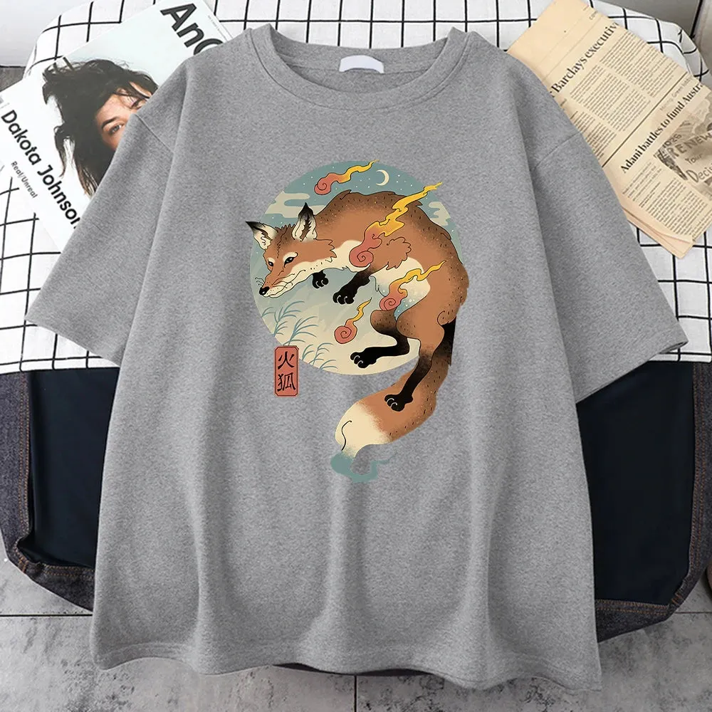 Fire Cartoon Fox Japanese Printed Men Short Sleeve Harajuku Casual Cotton T-Shirt