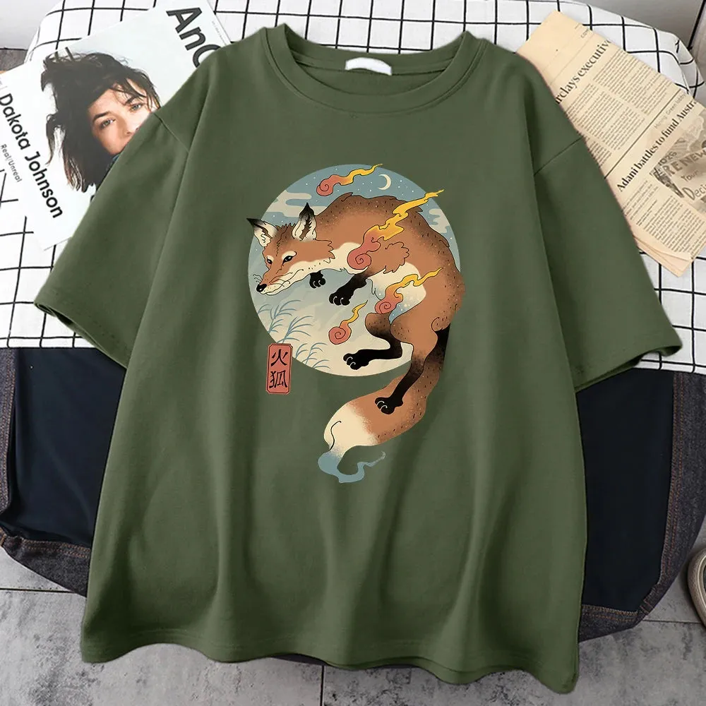 Fire Cartoon Fox Japanese Printed Men Short Sleeve Harajuku Casual Cotton T-Shirt