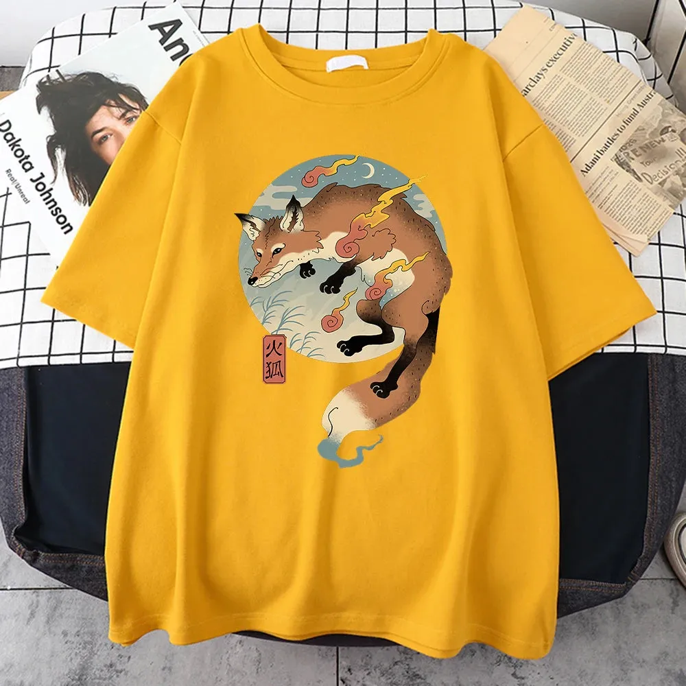 Fire Cartoon Fox Japanese Printed Men Short Sleeve Harajuku Casual Cotton T-Shirt