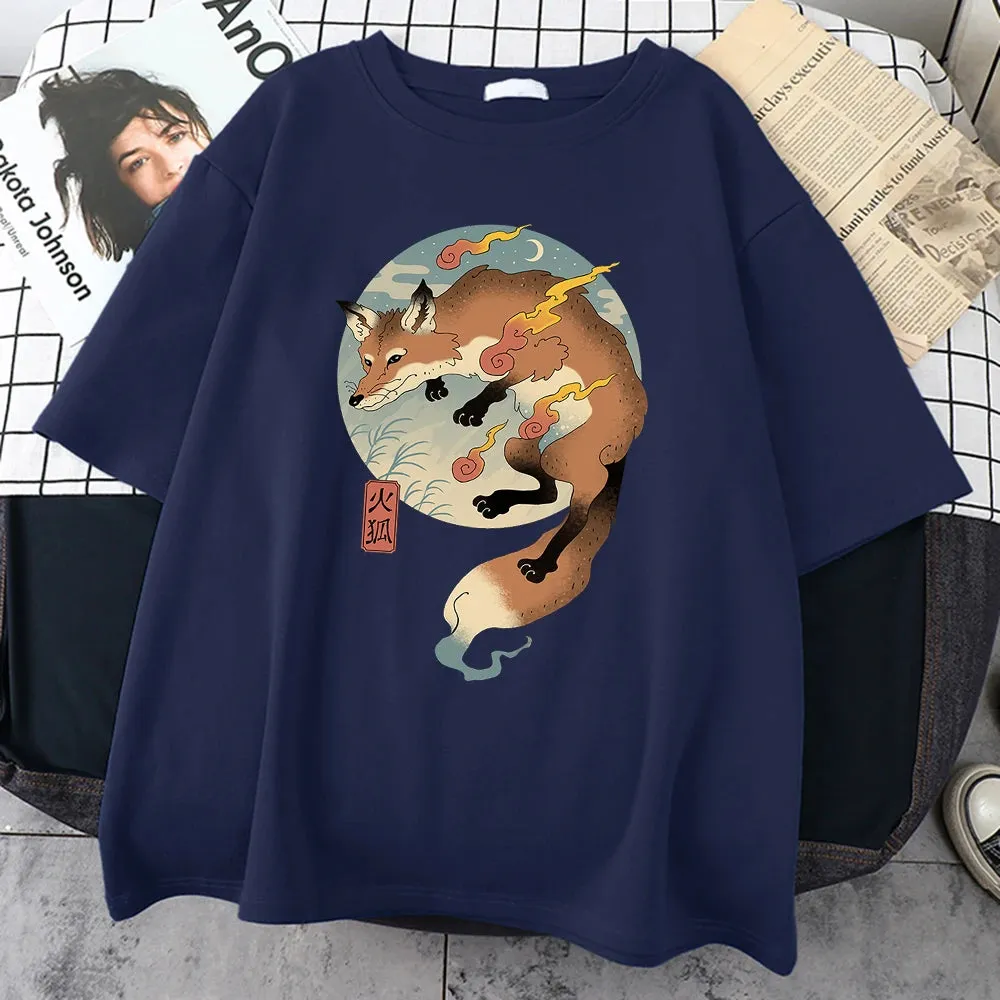 Fire Cartoon Fox Japanese Printed Men Short Sleeve Harajuku Casual Cotton T-Shirt
