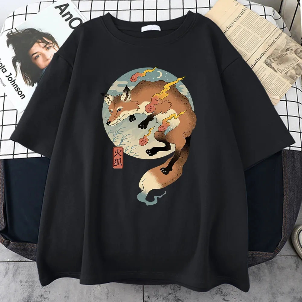 Fire Cartoon Fox Japanese Printed Men Short Sleeve Harajuku Casual Cotton T-Shirt