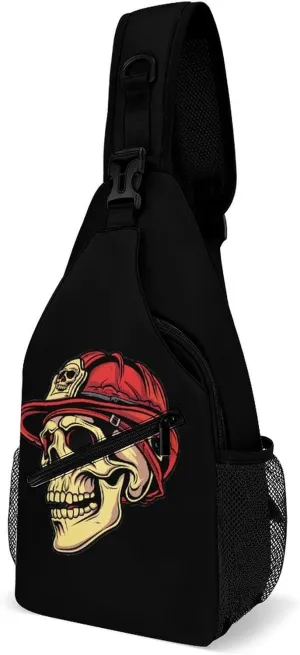 Firefighter Skull Fashion Sling Bag Backpack Crossbody Shoulder Chest Bags Hiking Daypack