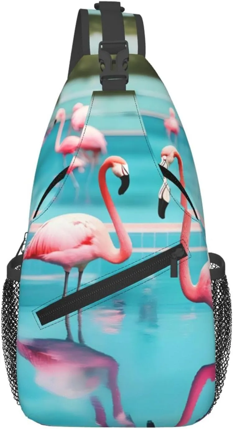 Flamingo And Swimming Pool Print Crossbody Backpack Sling Bag Chest Bags Daypack For Sport Running Hiking Women Men Unisex